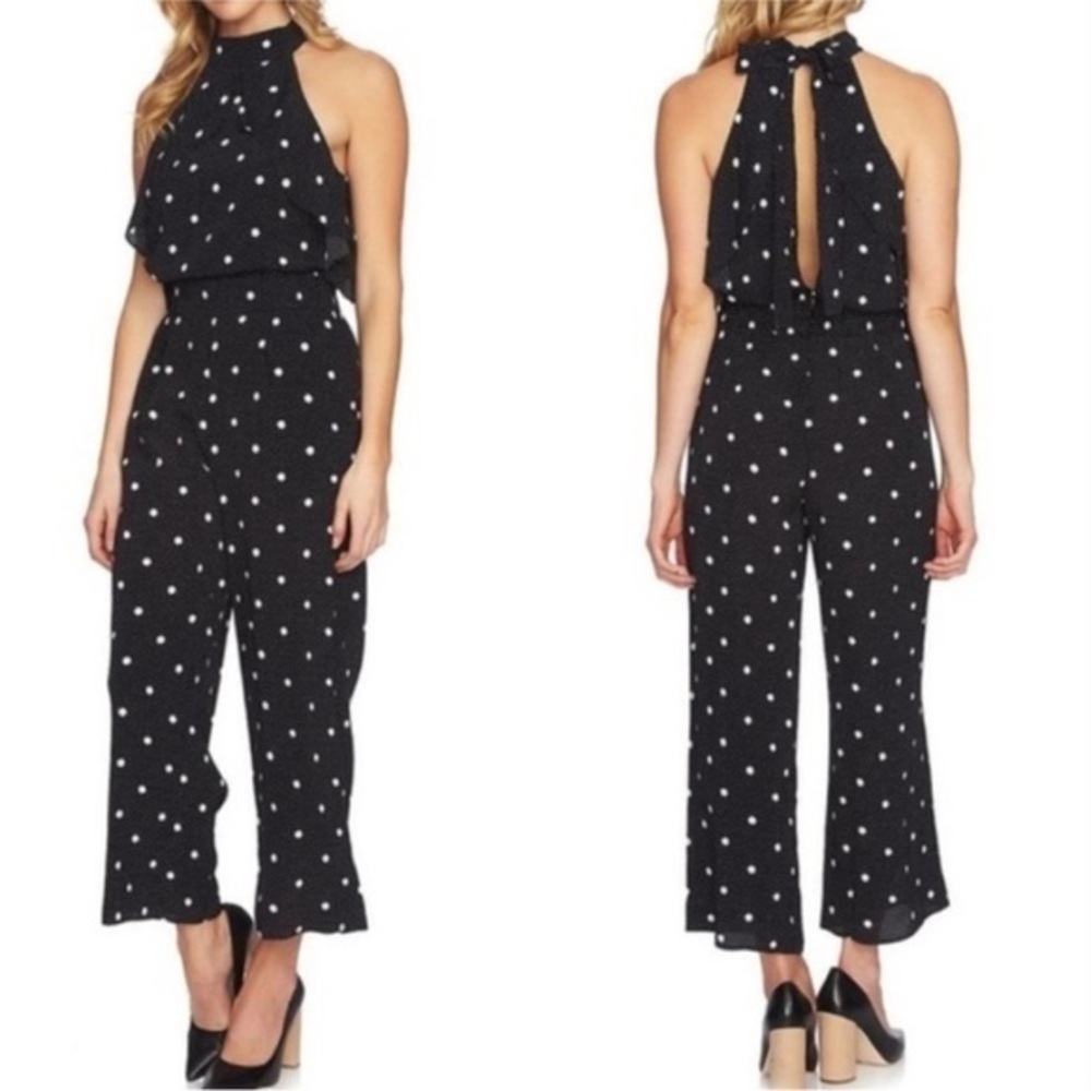 1. STATE BLACK WHITE POLKADOT JUMPSUIT OPEN BACK COLD SHOULDER HIGH NECK XS